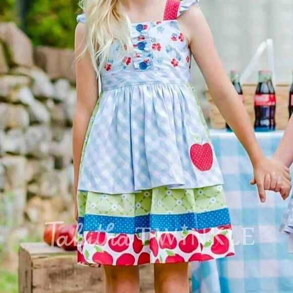 NEW Tabitha Twinkle Storybook Apron Apple Gingham Floral Girls Dress - Picture 3 of 3